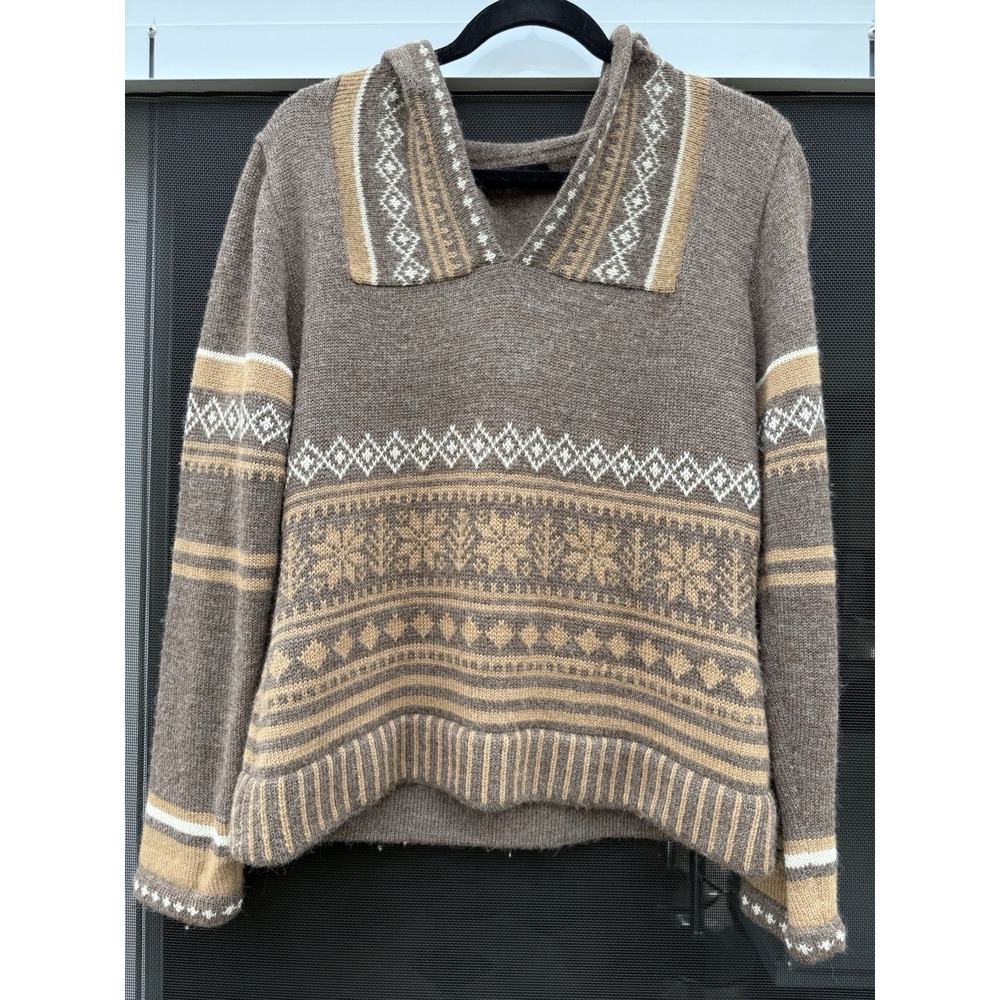 Etniko Brown 100% Baby Alpaca‎ Fair Isle Hooded Sweater Women Large Made in Peru